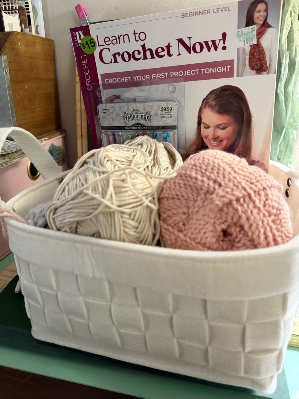 Crochet Supply Basket with Cream and Pink Yarn